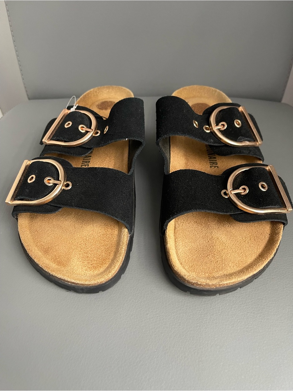 CUSHIONAIRE Black Suede Double Buckle Adjustable Slide Sandals Women 10W